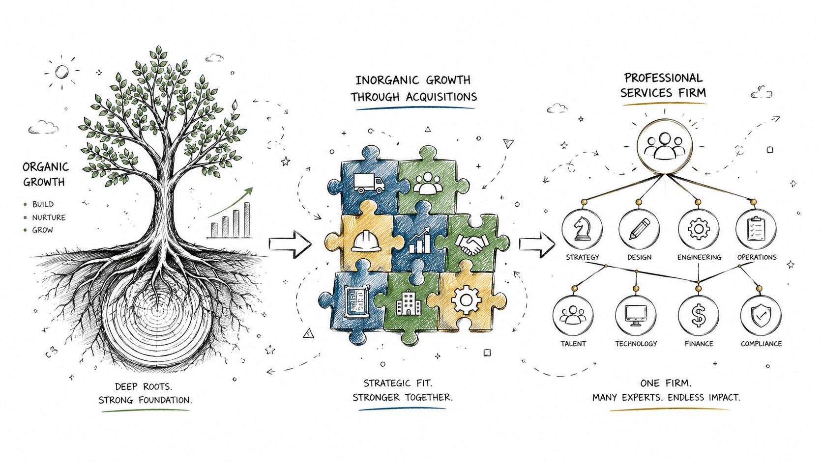Organic Growth vs Inorganic Growth: A Founder's Guide 1 A hand-drawn illustration depicting organic growth through a tree, inorganic growth via puzzle pieces, and a professional services firm structure.