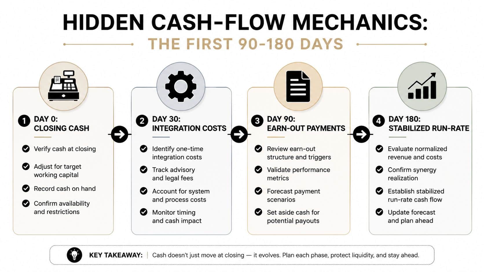 Organic Growth vs Inorganic Growth: A Founder's Guide 2 A four-step infographic illustrating financial management and cash flow mechanics during the first 180 days of acquisition.