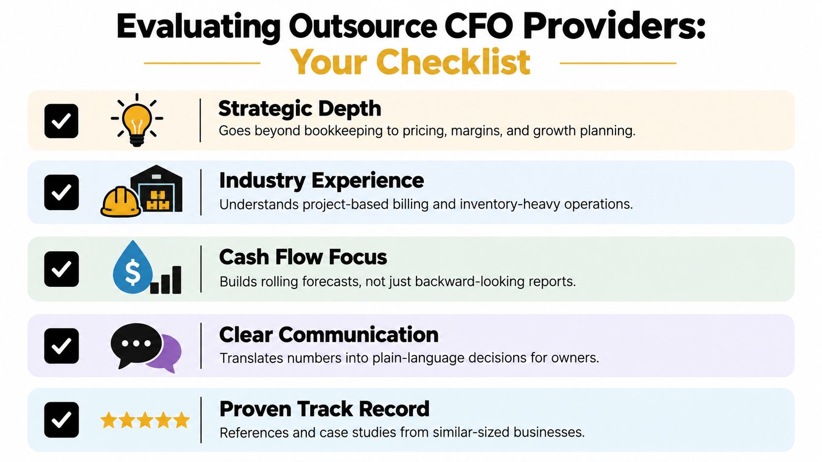 Outsource CFO Services: A Founder's Guide 2 A checklist for evaluating outsource CFO providers featuring categories like strategic depth and industry experience.