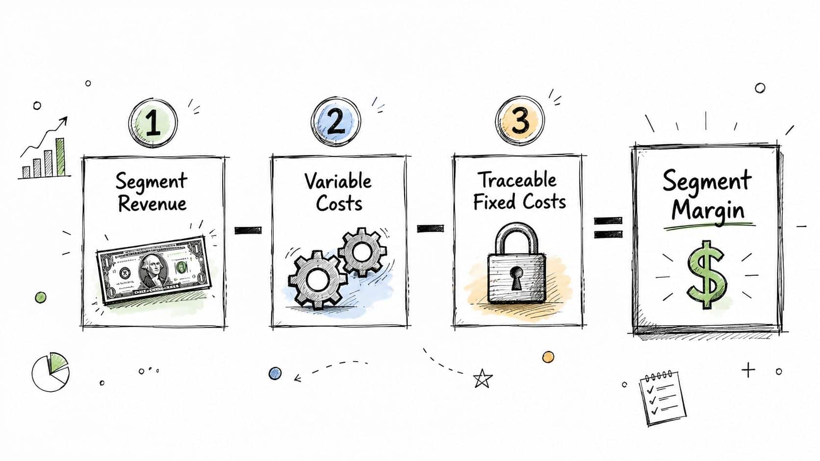 The Segment Margin Formula Explained for Business Success 2 An infographic illustrating the segment margin formula showing segment revenue minus variable costs and traceable fixed costs.