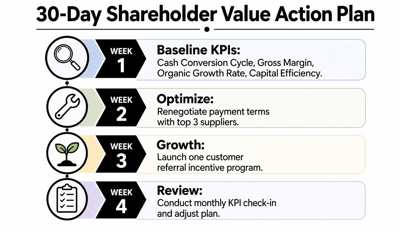 Shareholder Value Maximization: A Founder's Guide 3 A 30-day shareholder value action plan infographic outlining weekly goals for KPIs, optimization, growth, and review.