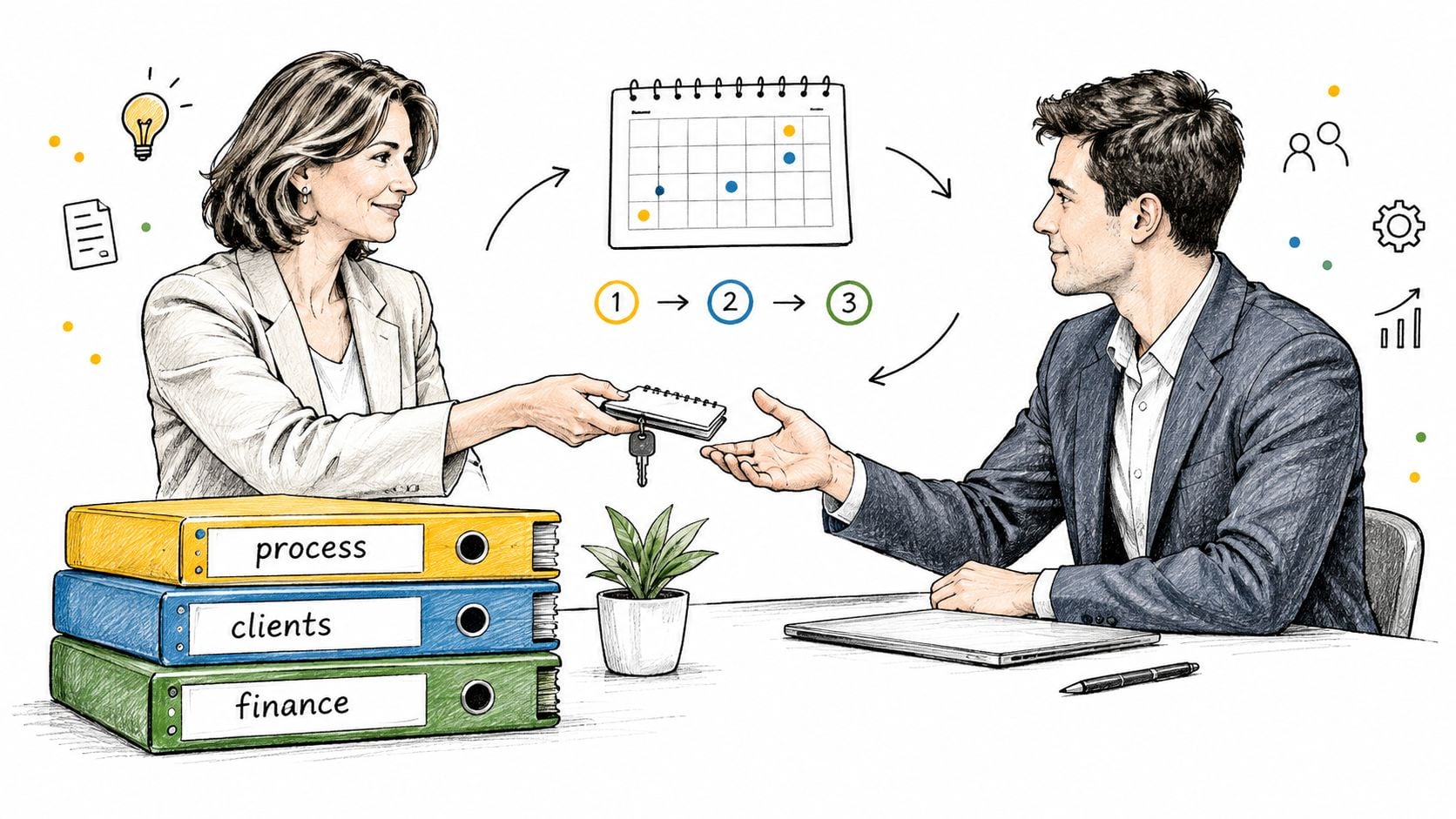 10 Succession Planning Best Practices for Owners 3 A professional business meeting depicting succession planning with organized binders, a calendar, and key handover.