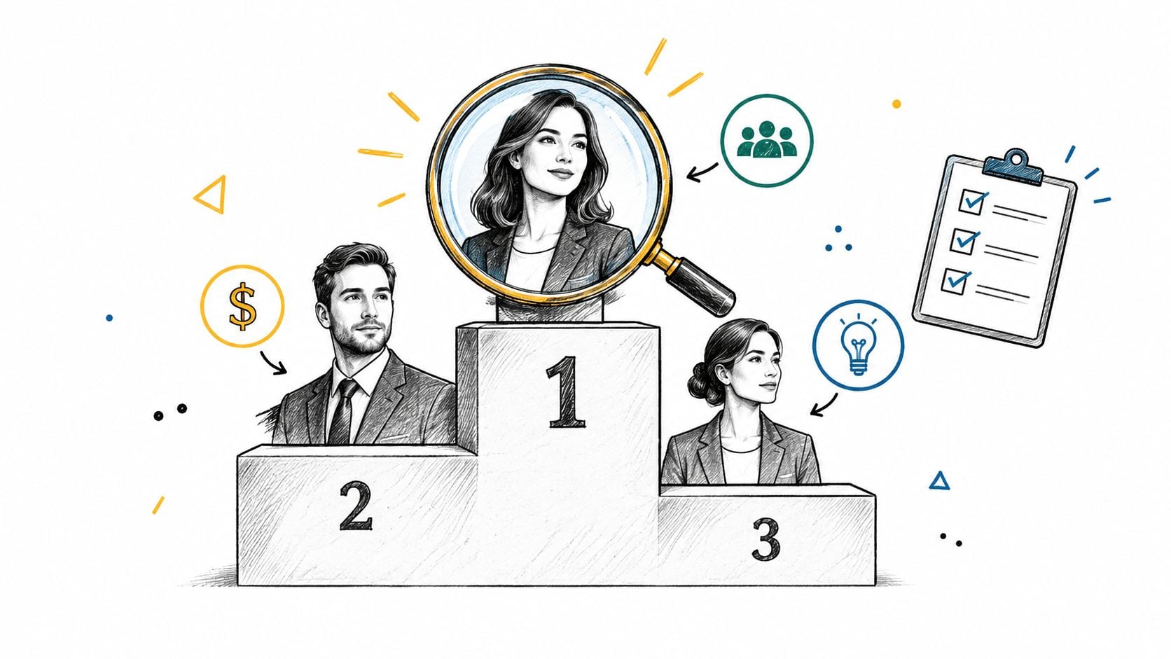 10 Succession Planning Best Practices for Owners 2 A professional illustration of three business candidates on a ranking podium with a magnifying glass focused on the winner.