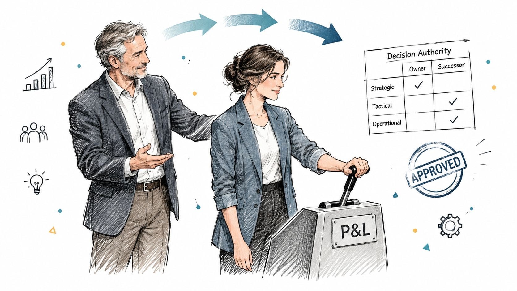 10 Succession Planning Best Practices for Owners 4 A professional mentor guides a successor in managing business operations and decision-making responsibilities for effective succession planning.