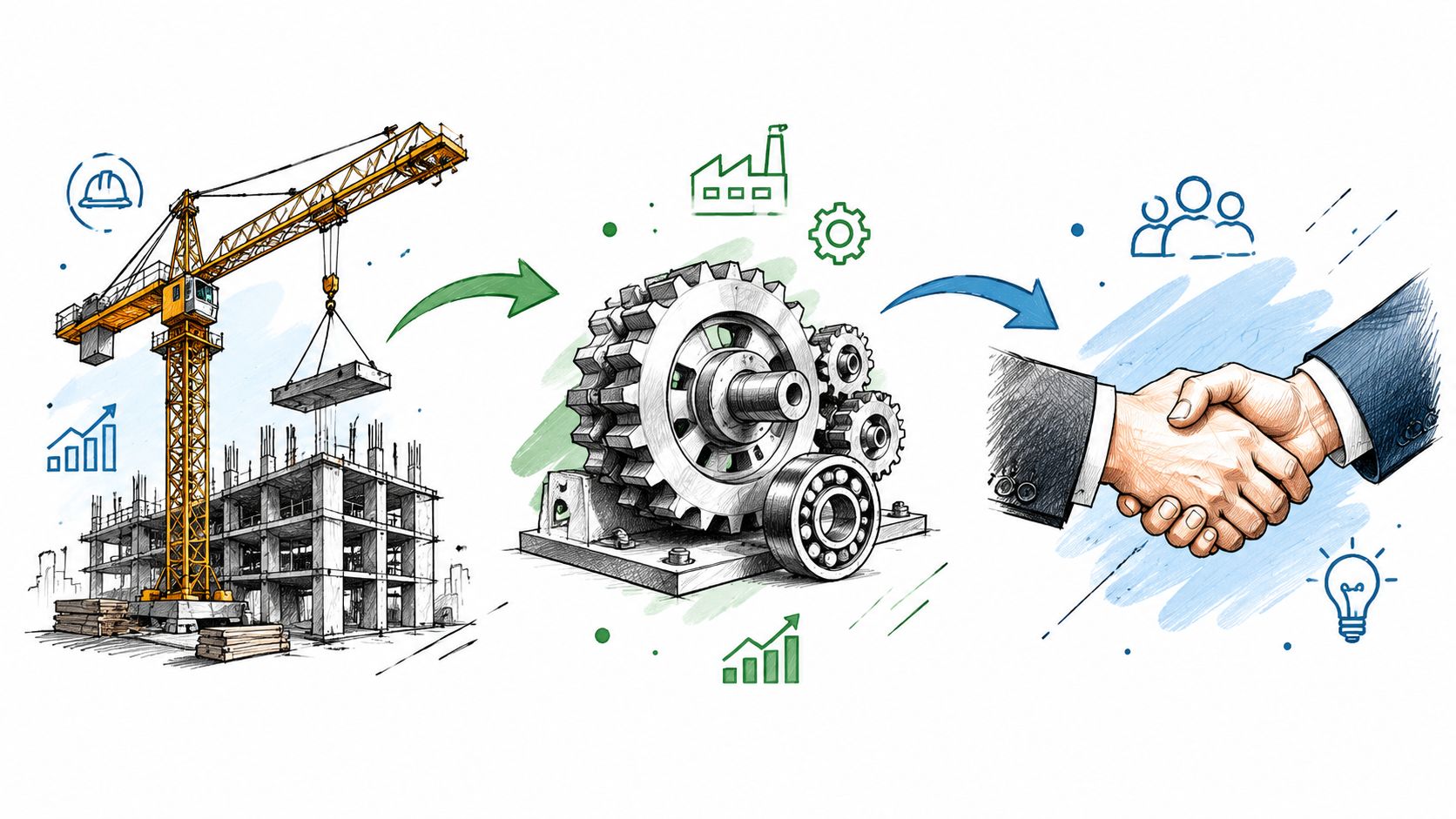 What Are Value Drivers and How to Grow Business Value 2 An illustration showing a construction site, industrial gears, and a business handshake representing value drivers in business growth.