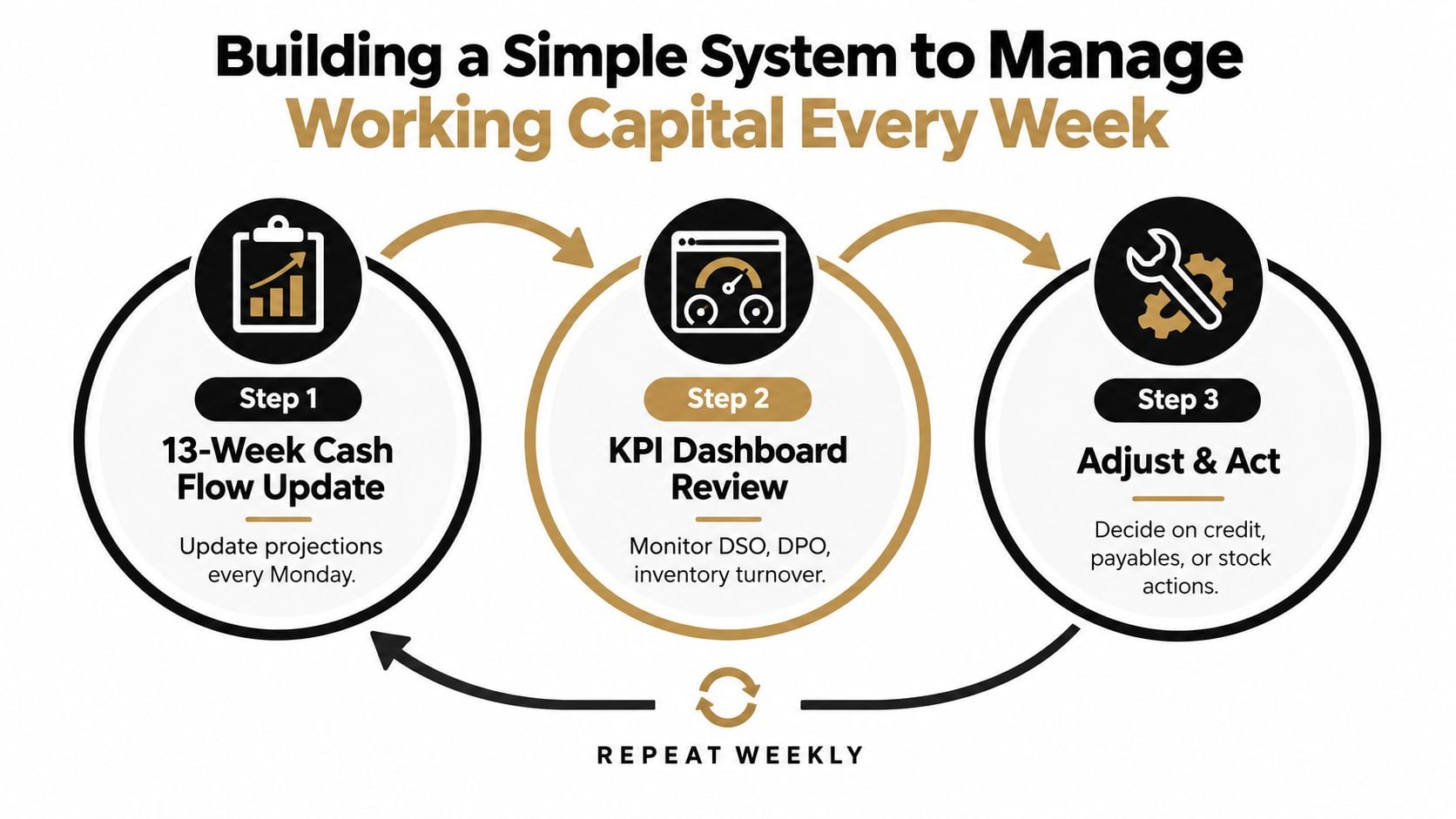 What Is Working Capital Management and How to Master It 4 An infographic showing a three-step weekly system for managing working capital through cash flow and KPI reviews.