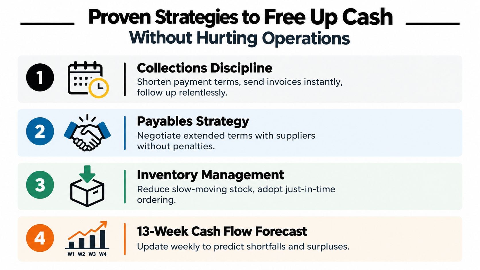 What Is Working Capital Management and How to Master It 2 A four-point infographic illustrating proven business strategies to increase cash flow without negatively affecting company operations.