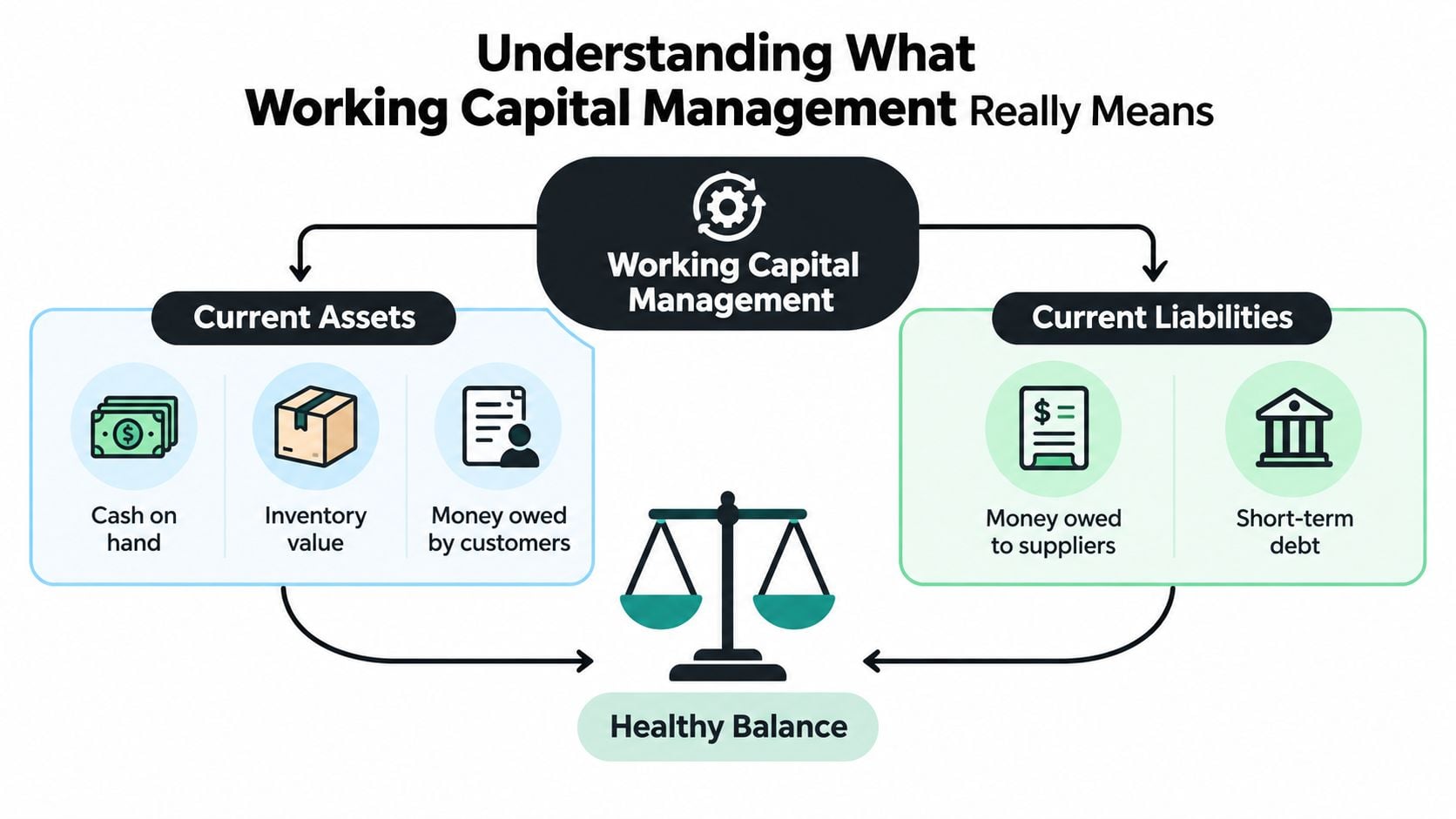 What Is Working Capital Management and How to Master It 1 A diagram illustrating the concept of working capital management with current assets and current liabilities balanced on a scale.