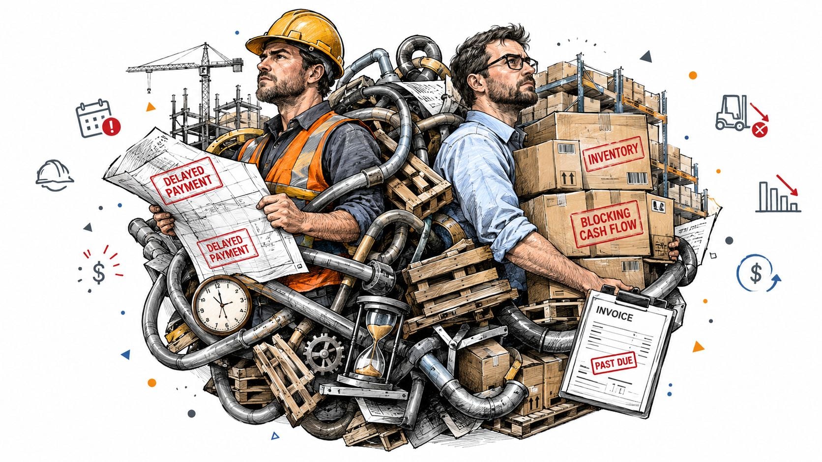 Working Capital Cycle Guide for Business Owners 2 A construction worker and a warehouse manager struggling with invoices, delayed payments, and trapped inventory cash flow.