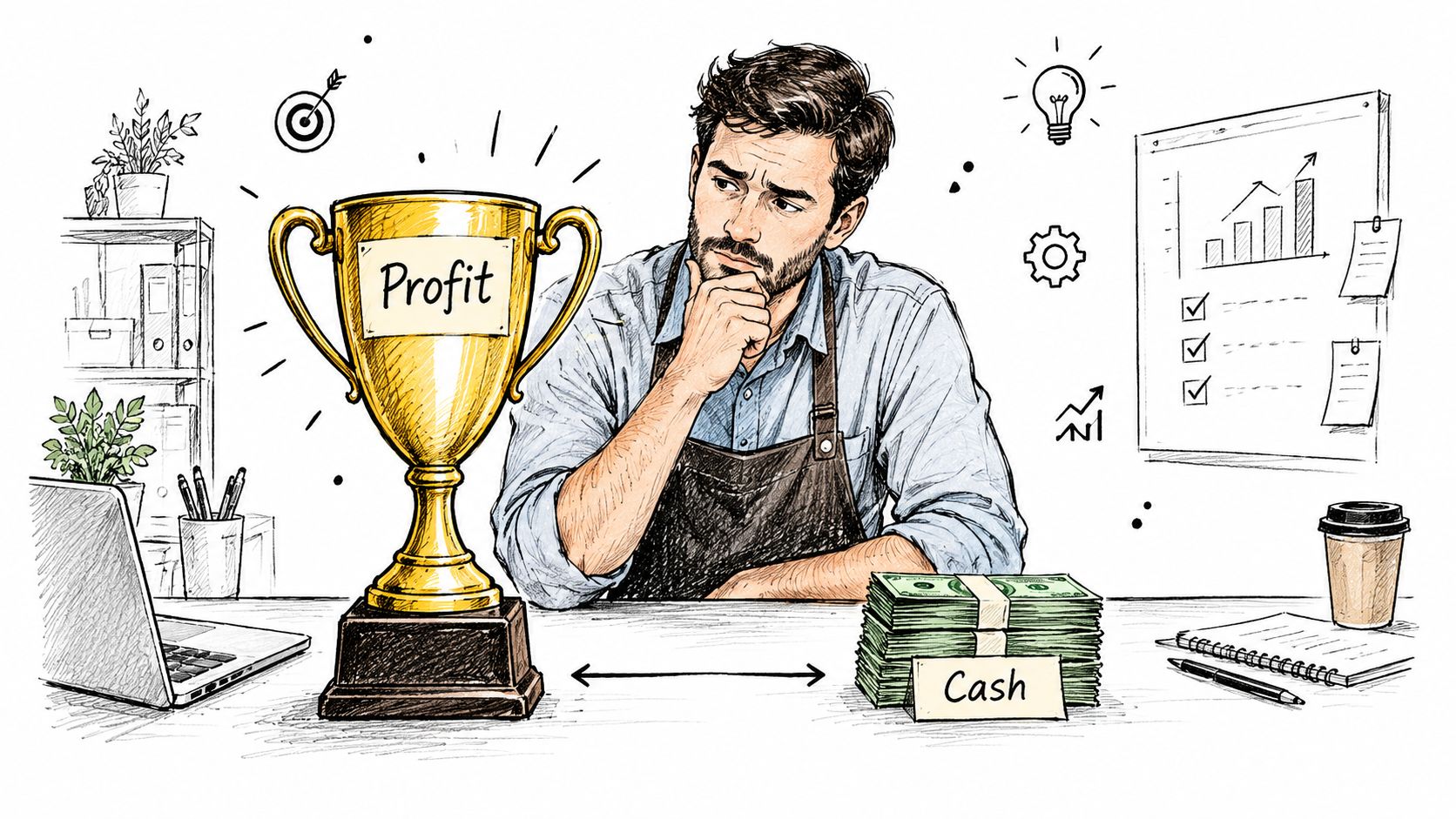 80/20 Rule in Business: How to Find Your Vital 20% 2 A businessman contemplating the relationship between business profit and cash flow in a modern office setting.