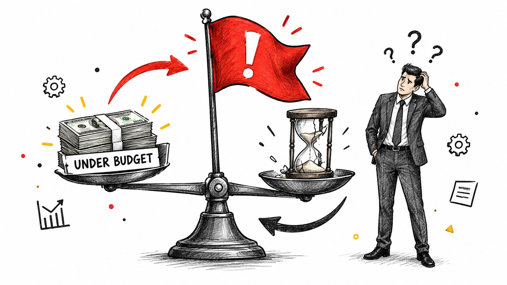 Actual vs Budgeted: A Practical Variance Playbook 1 A business concept illustration showing a scale balancing a stack of money labeled under budget against an hourglass.