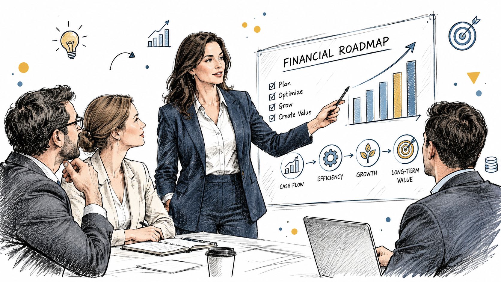 Business Exit Planning Services: A Founder’s Guide 3 A professional business woman presenting a financial roadmap to a team during a corporate strategy meeting.