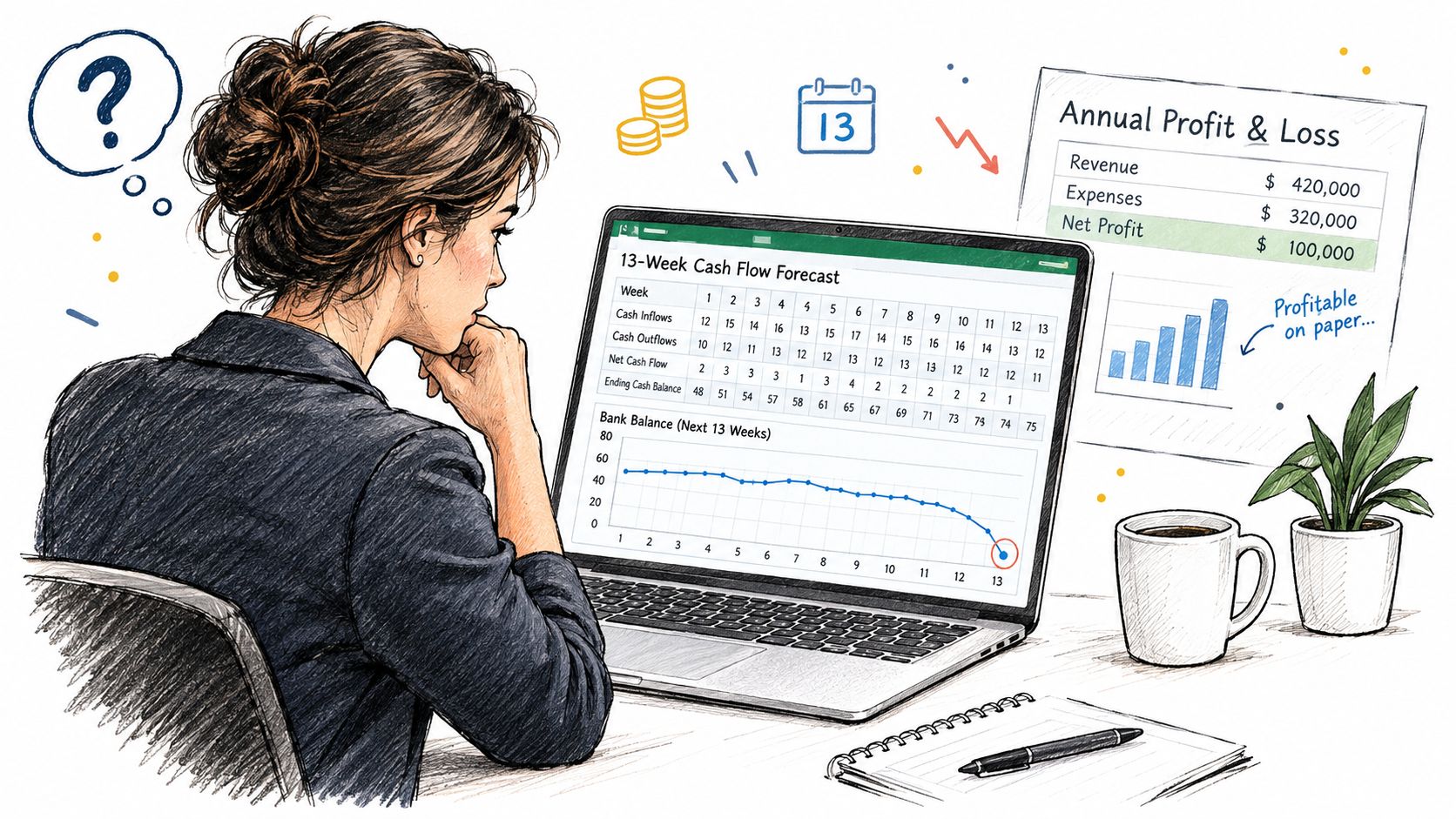 How to Build a Cash Flow Forecasting Excel Template 1 A professional woman analyzing a 13-week cash flow forecast on her laptop while reviewing annual financial records.