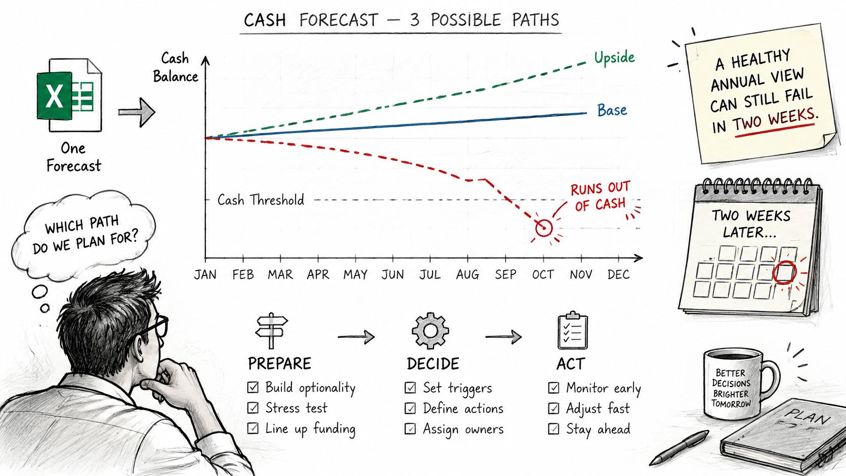 How to Build a Cash Flow Forecasting Excel Template 4 A hand-drawn illustration depicting cash flow forecasting with three possible financial paths and a strategic planning framework.
