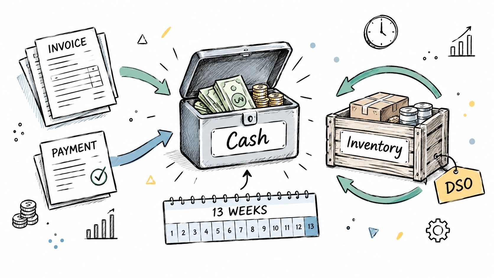 Checklist for Selling a Business: 10 Steps 2 A hand-drawn illustration showing a business cash flow cycle including invoices, payments, inventory, and a thirteen week calendar.