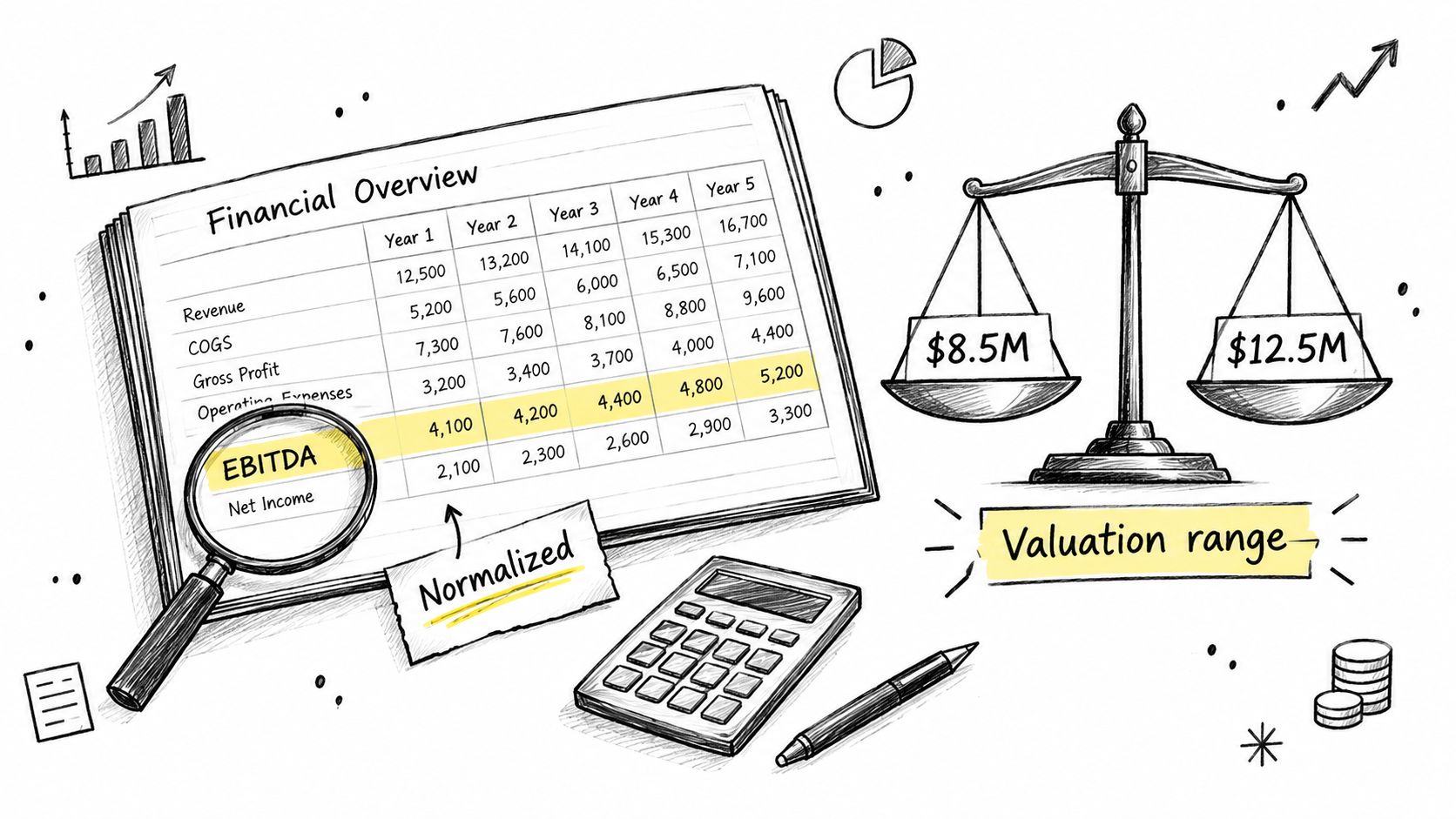 Checklist for Selling a Business: 10 Steps 1 A sketched financial overview table showing business projections, valuation scale, calculator, and pen on a white background.