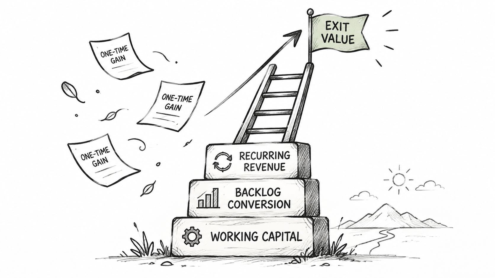 Earnings Quality Analysis: Real Profit vs Paper Profit 3 A hand-drawn illustration showing a staircase leading to an exit value flag, representing business valuation concepts.