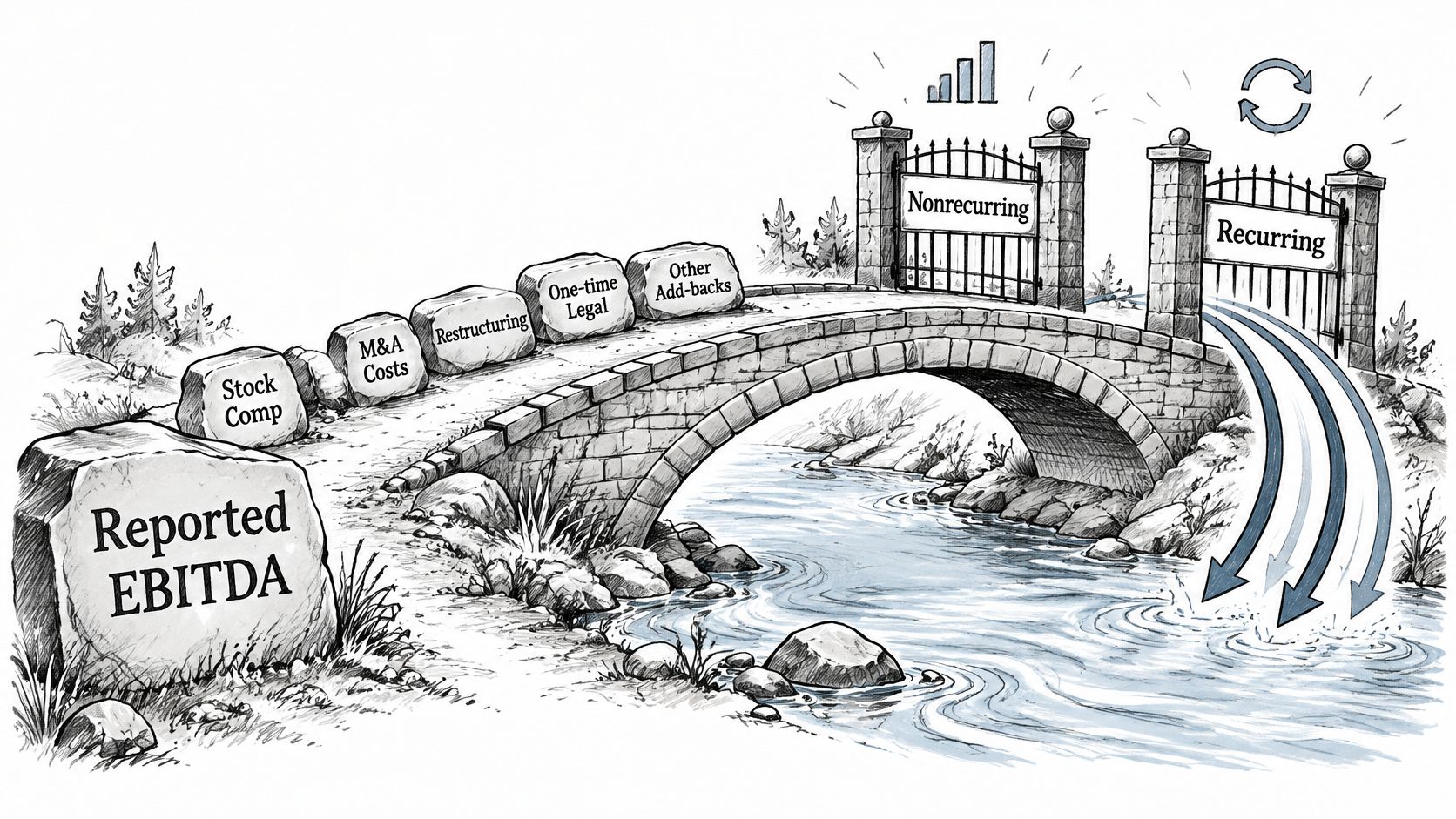 Earnings Quality Analysis: Real Profit vs Paper Profit 1 A conceptual illustration of a bridge representing the transition from Reported EBITDA to recurring cash flow.