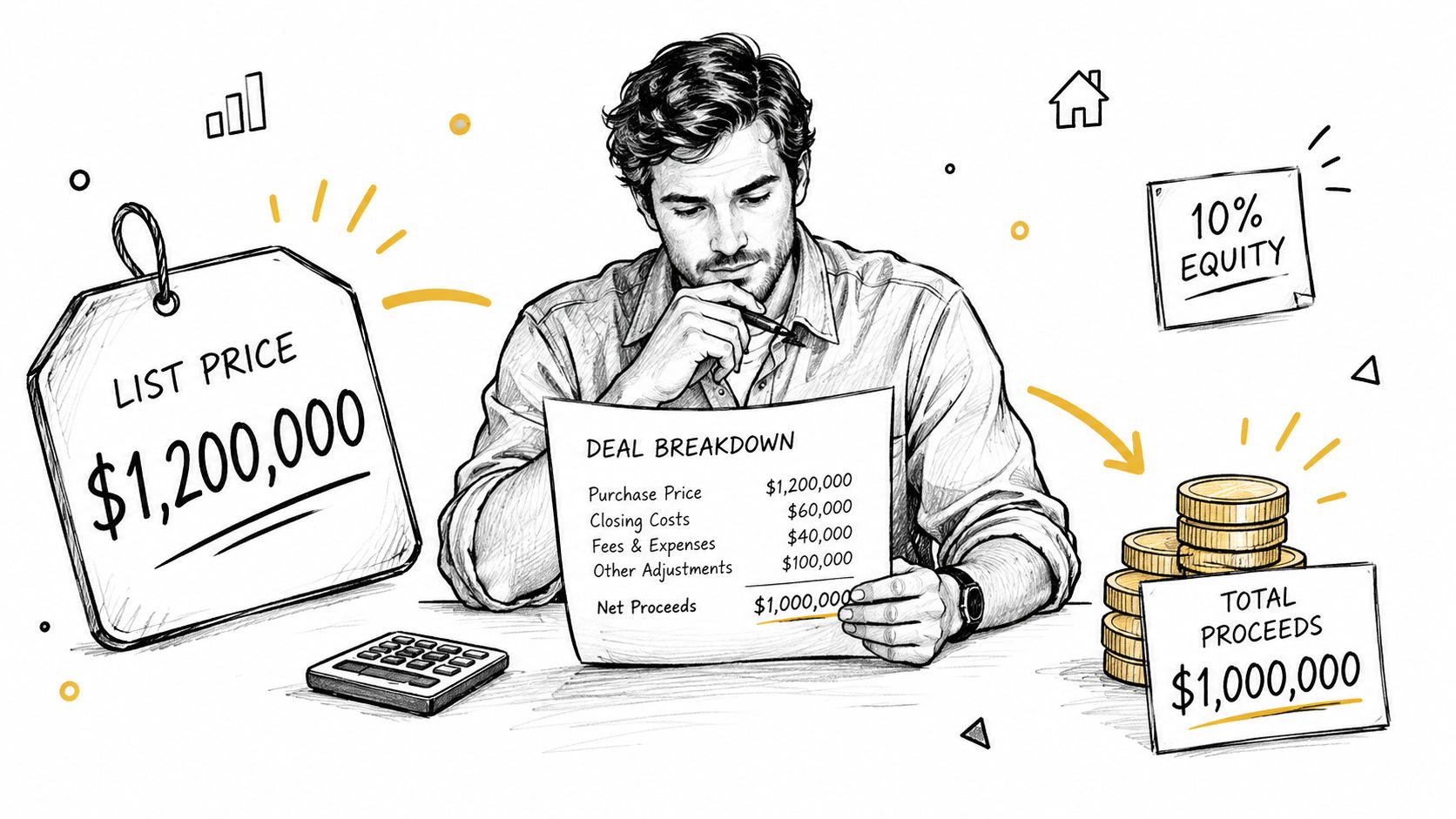 Exit Planning Certification: A Practical Guide for Owners 4 A man reviewing a deal breakdown document at a desk with a calculator, showing financial proceeds calculation.