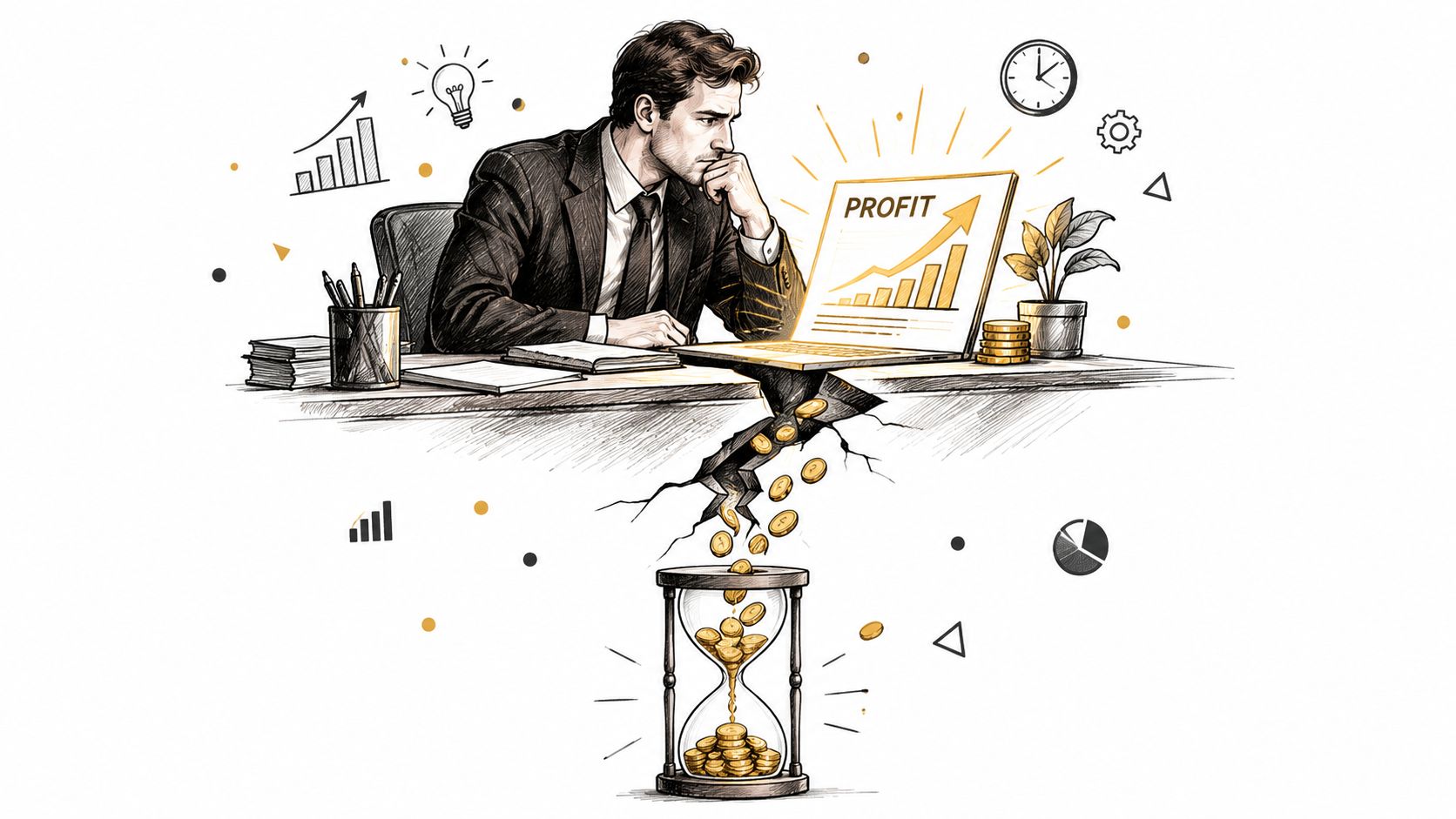 FP&A Reporting Guide for Founders 1 A businessman observes a profit chart on his laptop as money falls through a desk crack into an hourglass.