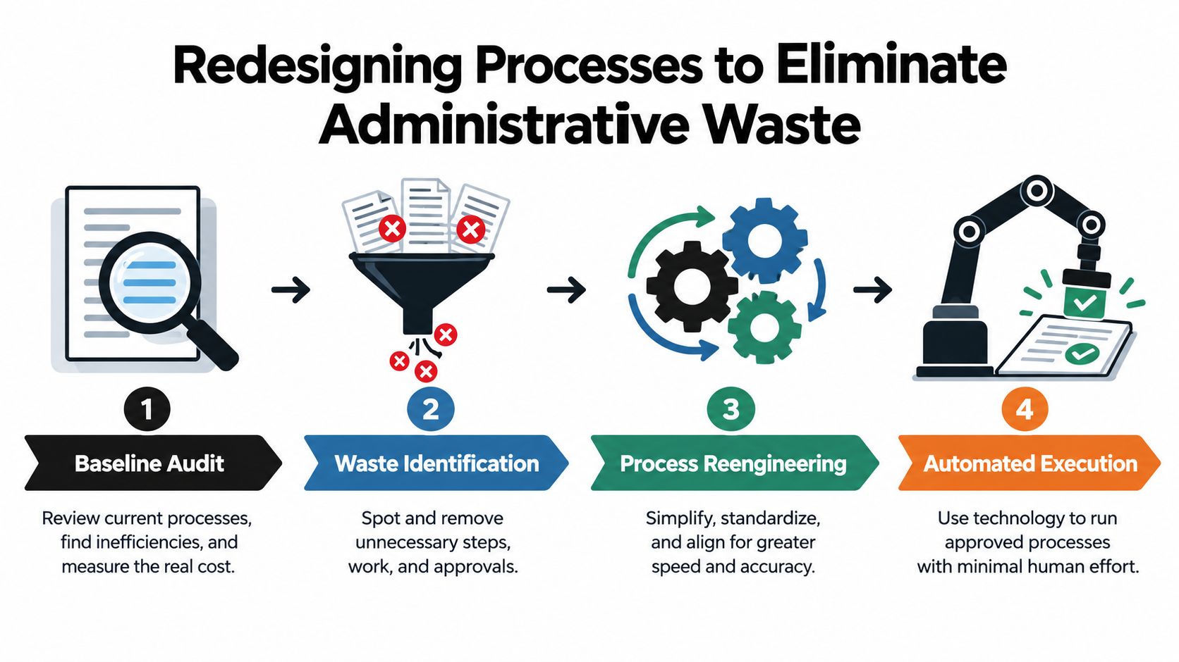 The Overhead Reduction Playbook for Founders 2 A four-step infographic illustrating a workflow for redesigning business processes to eliminate administrative waste efficiently.