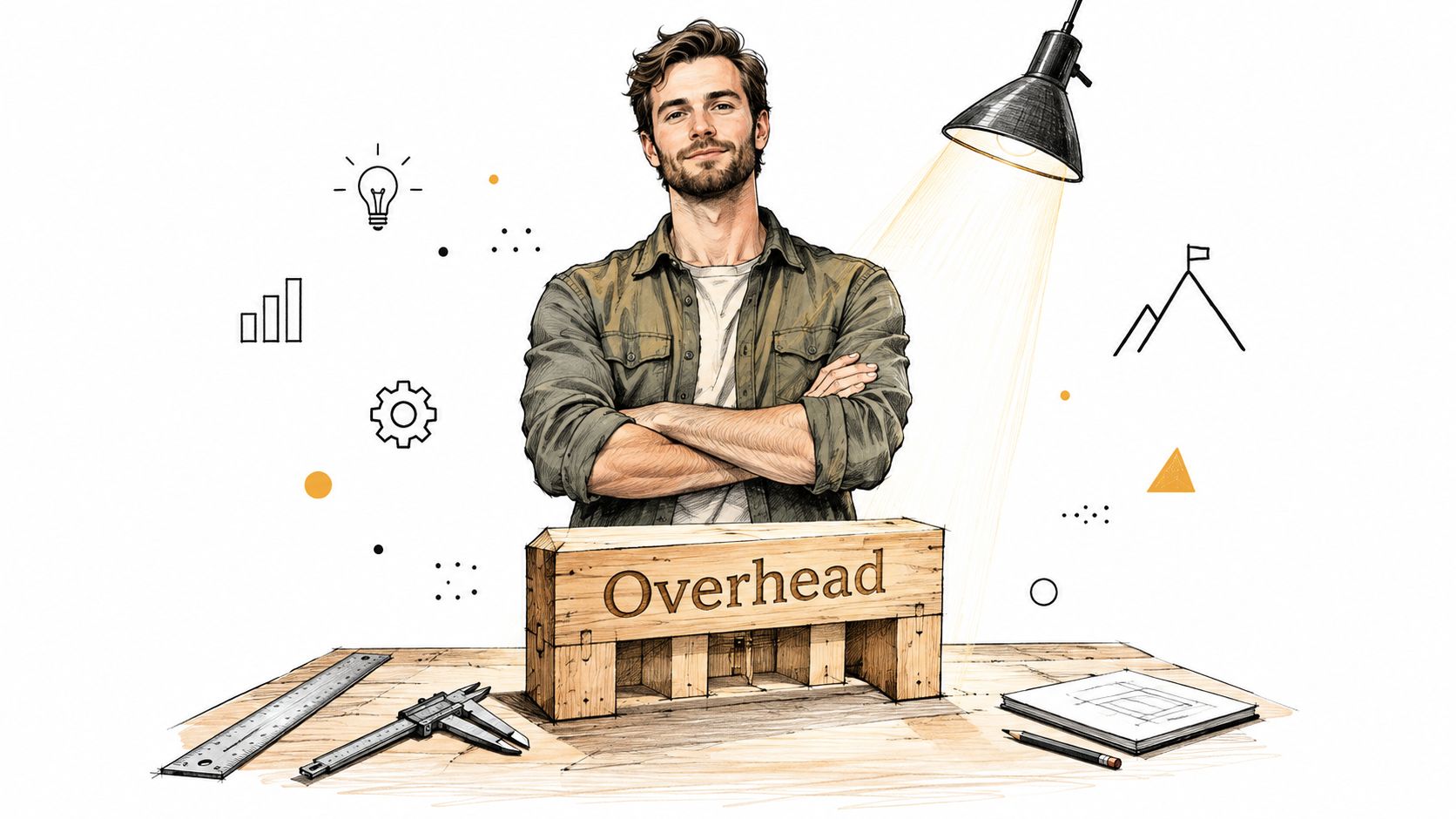 The Overhead Reduction Playbook for Founders 1 A professional man standing behind a wooden block labeled Overhead with tools on a desk.