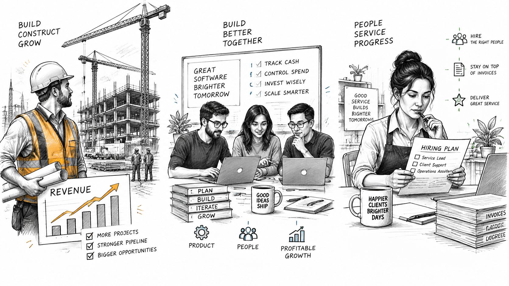 Phases of Company Growth: A Founder's Financial Guide 3 An illustration showing three phases of company growth: construction development, software collaboration, and human resources planning.