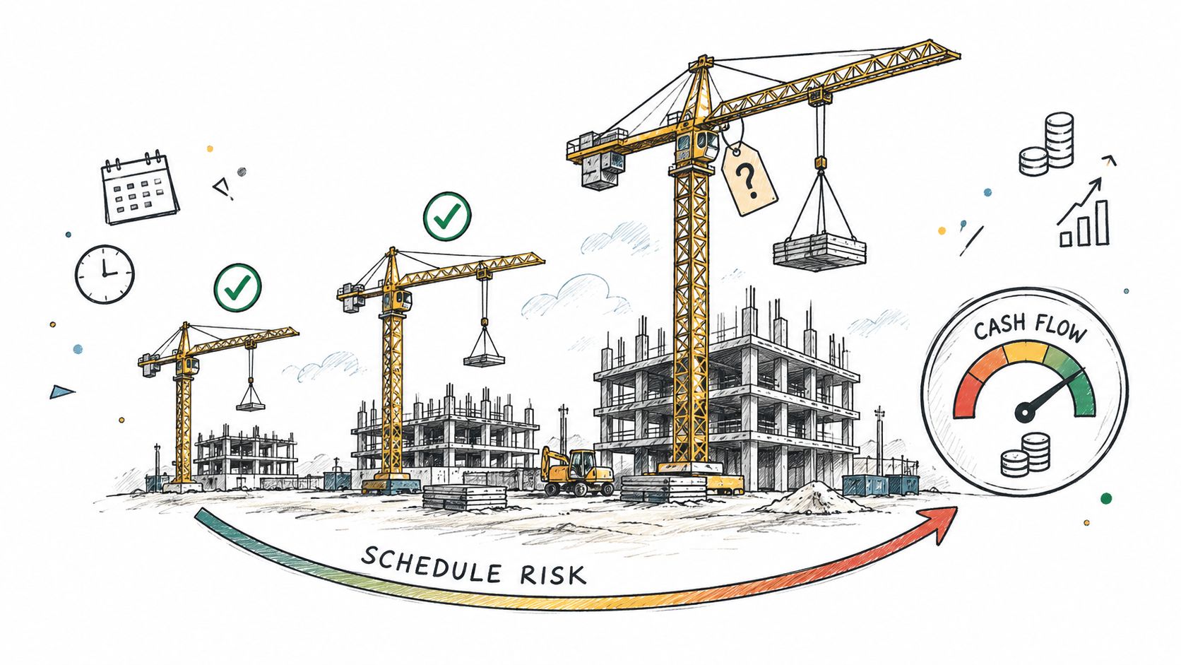 Pricing and Cost Analysis That Actually Moves Margin 4 A conceptual construction illustration showing cranes and buildings with a schedule risk arrow and cash flow gauge.