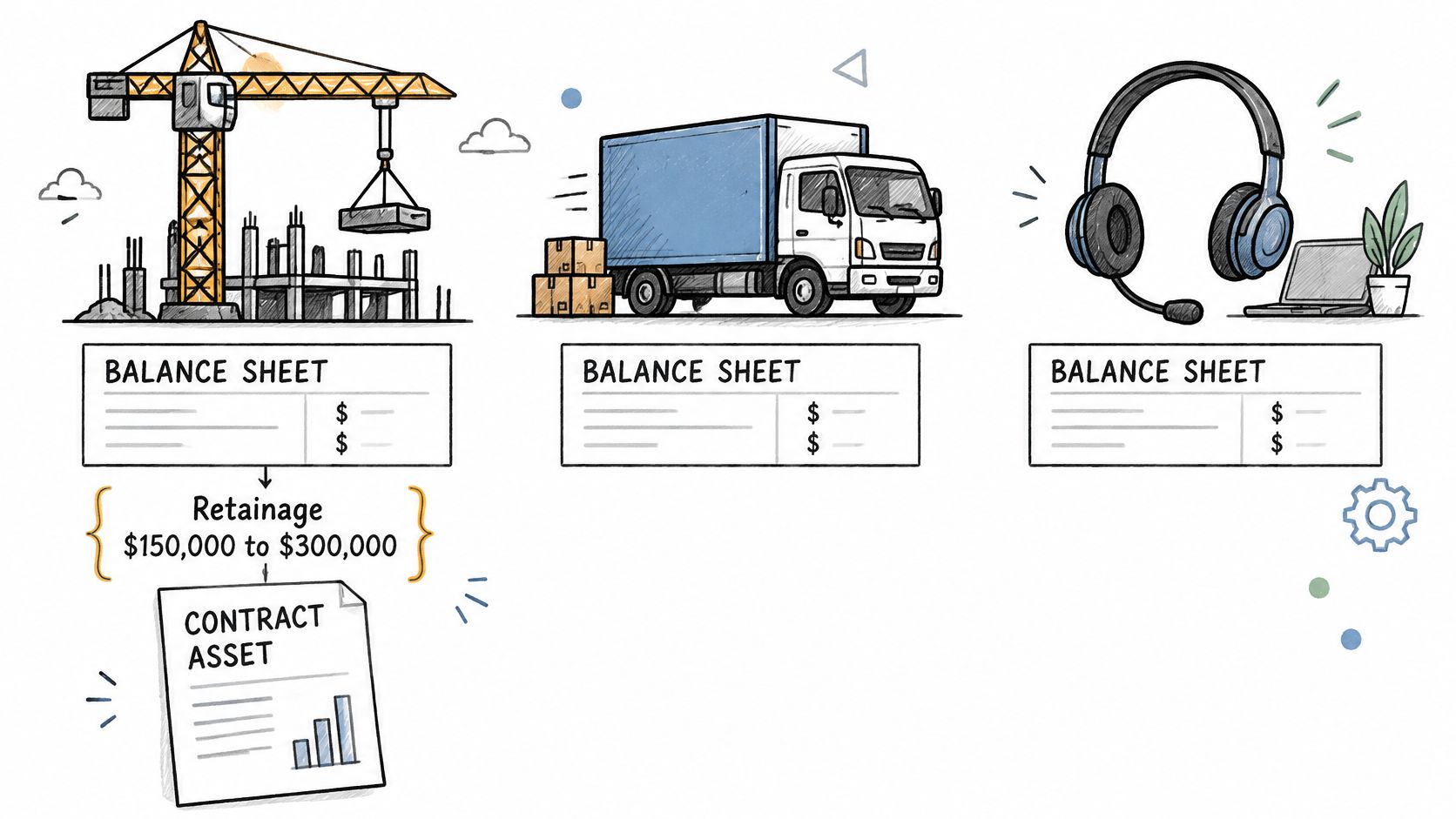 Pro-Forma Balance Sheet: How to Build One for Forecasting 2 An illustration showing a construction site, delivery truck, and office with balance sheet documents and contract assets.