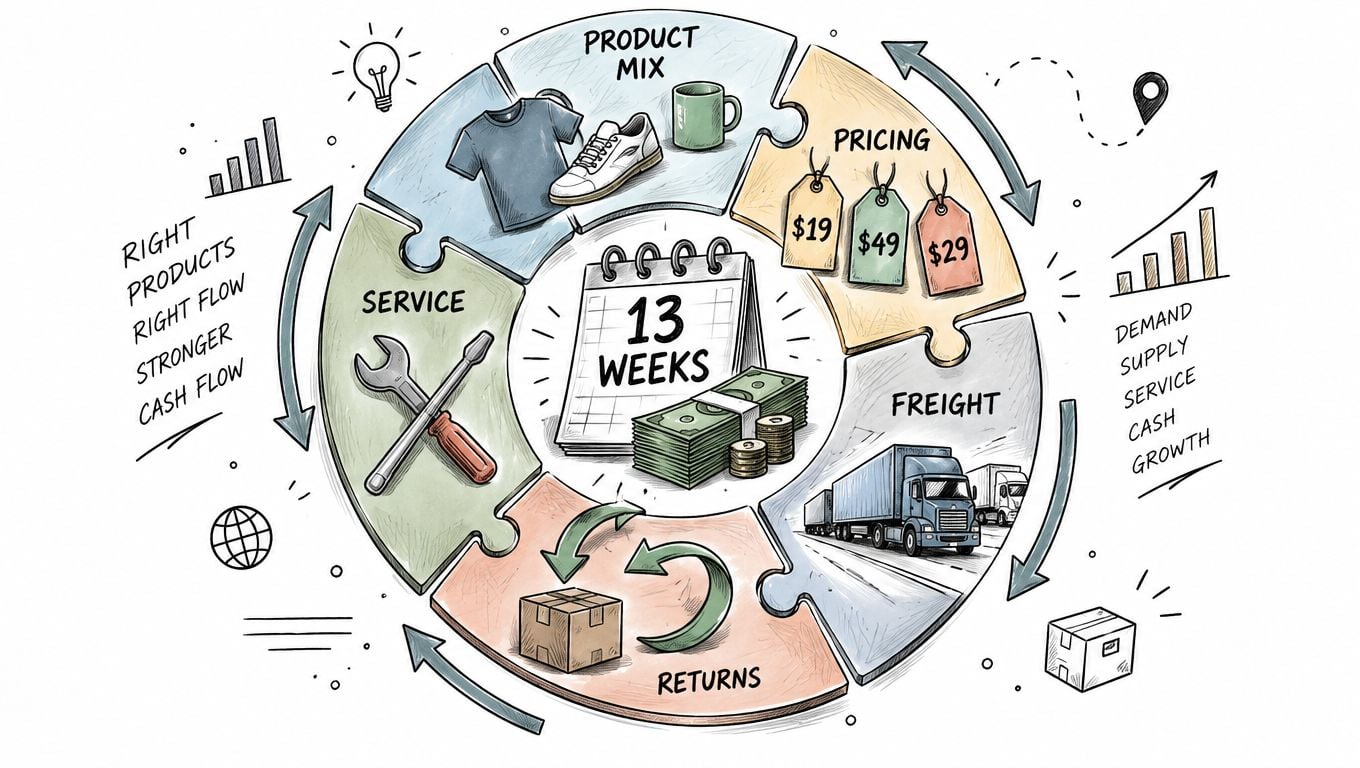 Product Mix Strategies That Actually Move Margin 4 A diagram illustrating a 13-week business cycle covering product mix, pricing, freight, returns, and service strategies.