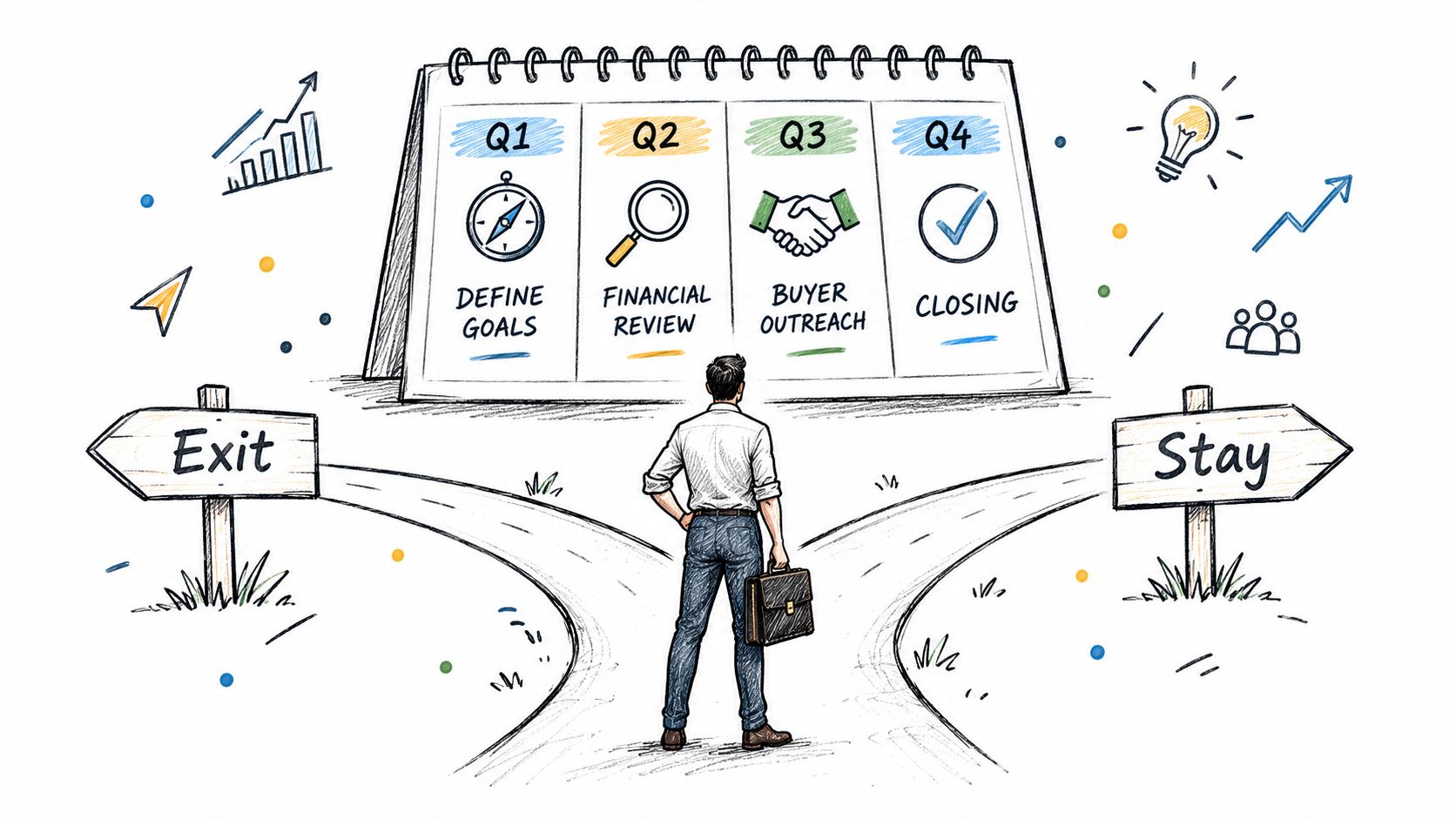 Selling a Small Company: A Practical Owner Playbook 2 A businessman standing at a crossroads deciding between exit or stay, with a quarterly business planning calendar.