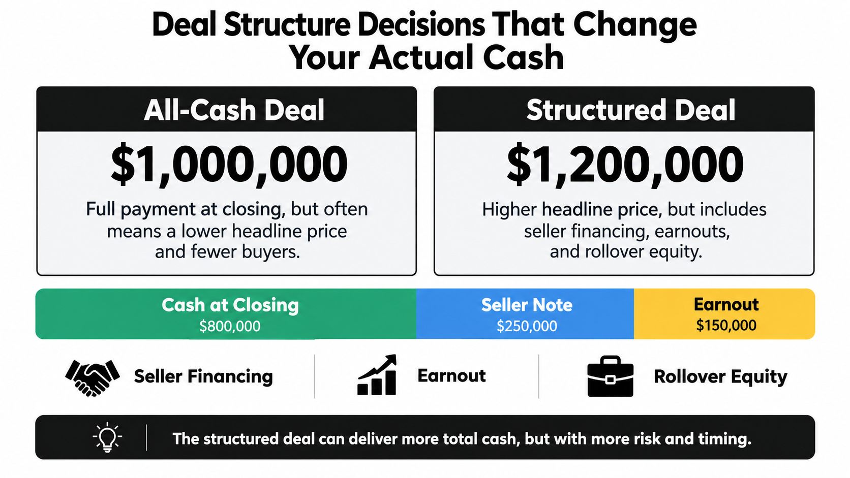 Selling a Small Company: A Practical Owner Playbook 4 A comparison chart showing how all-cash deals versus structured deals impact the total financial payout for a business.