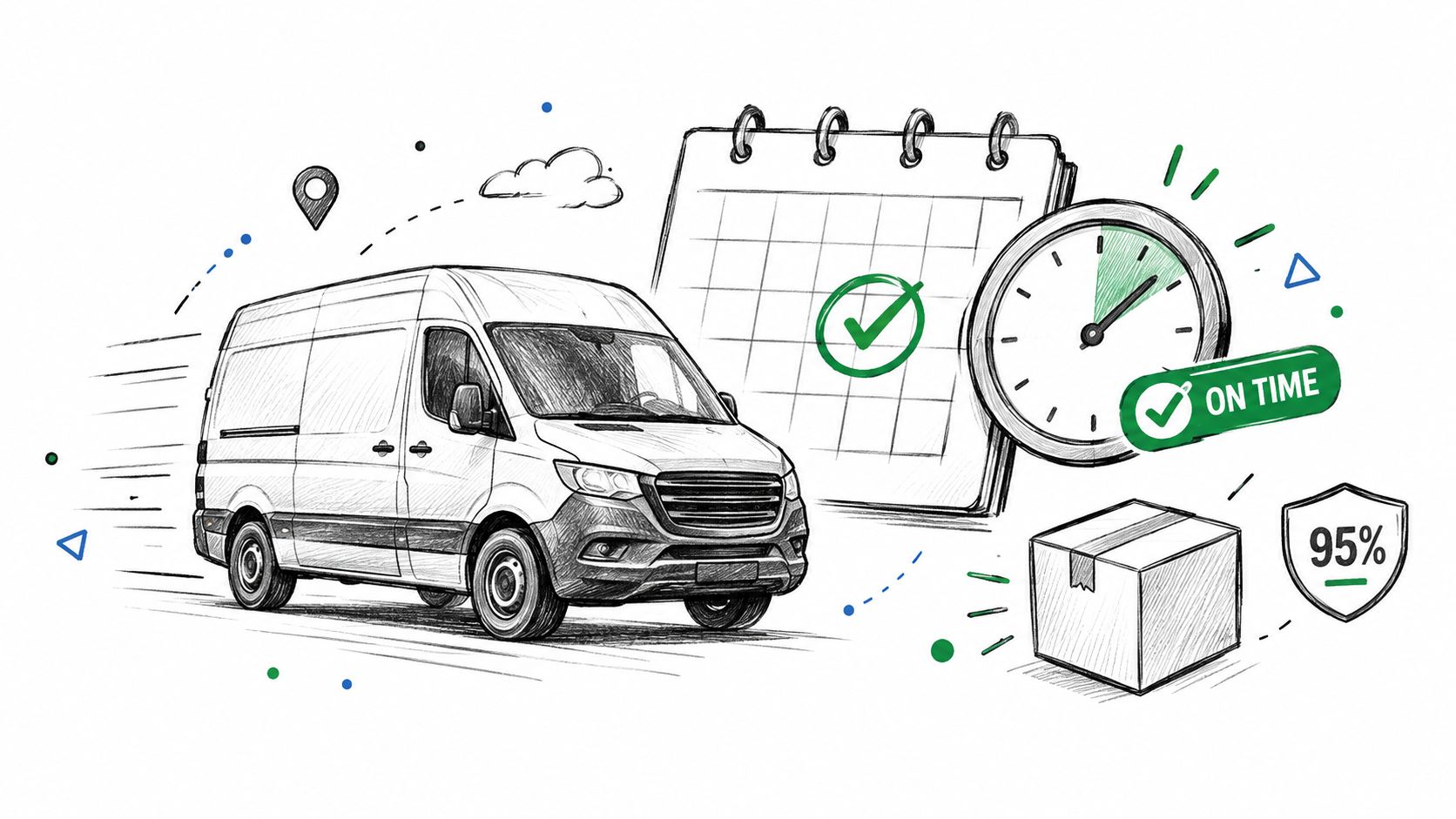 Supply Chain KPIs: 10 Metrics That Protect Cash Flow 1 A pencil sketch style illustration of a delivery van, a calendar, a clock, and a package.