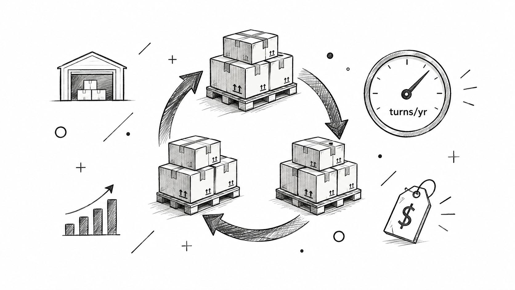 Supply Chain KPIs: 10 Metrics That Protect Cash Flow 2 A pencil sketch illustration showing the inventory turnover process with pallets, a warehouse, and key performance indicators.