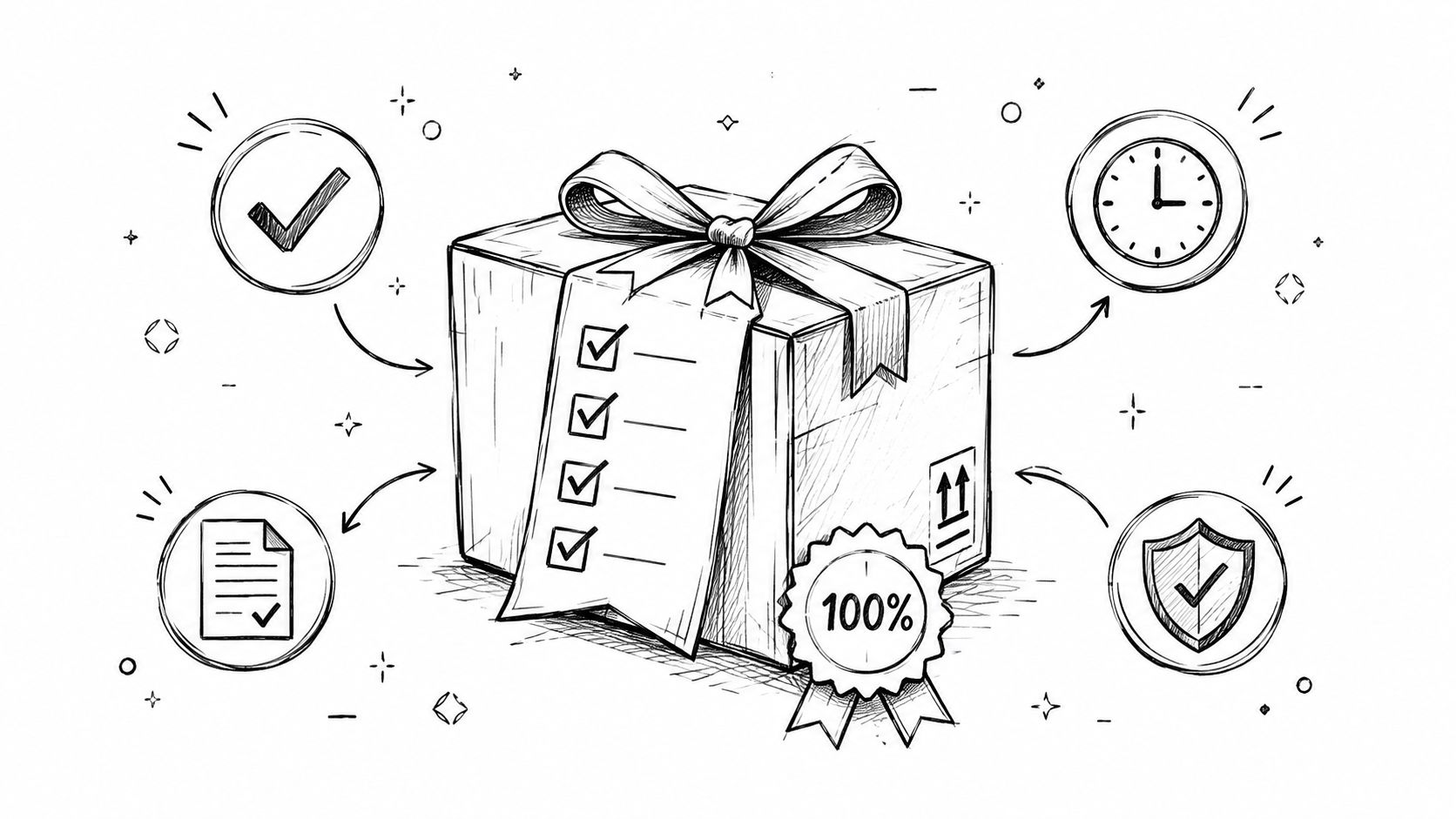 Supply Chain KPIs: 10 Metrics That Protect Cash Flow 3 A hand-drawn sketch of a packaged gift box with a checklist, representing supply chain efficiency and reliability.