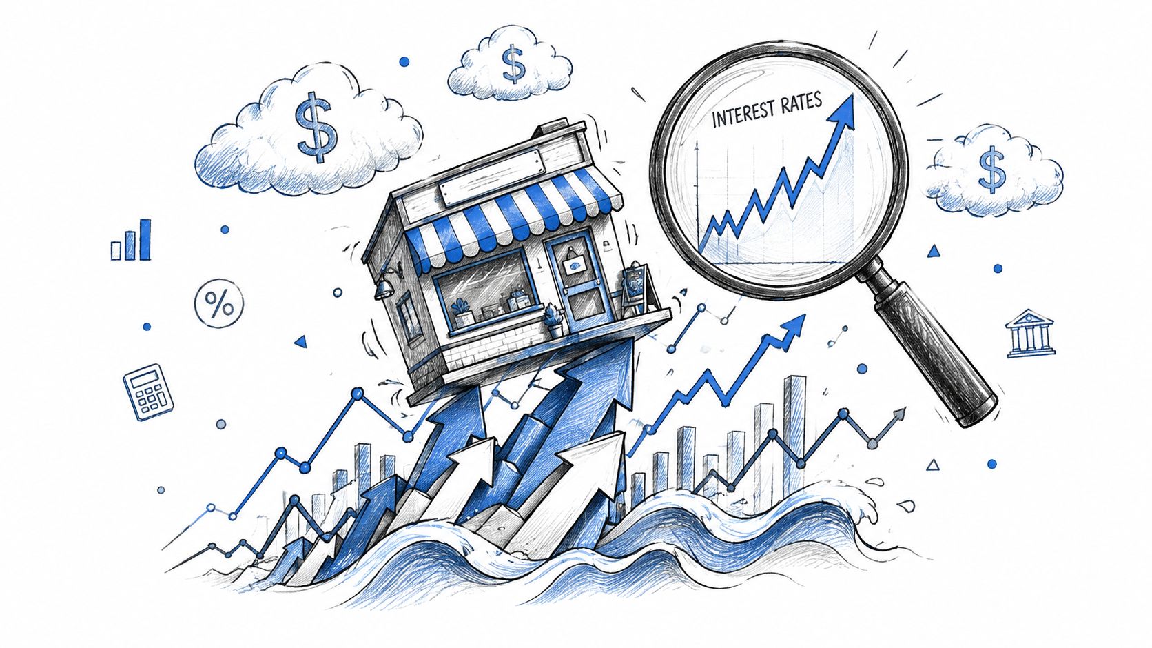 When to Sell a Business: Exit Timing Strategies 2 A conceptual illustration of a business store struggling on rising interest rates represented by a magnifying glass.