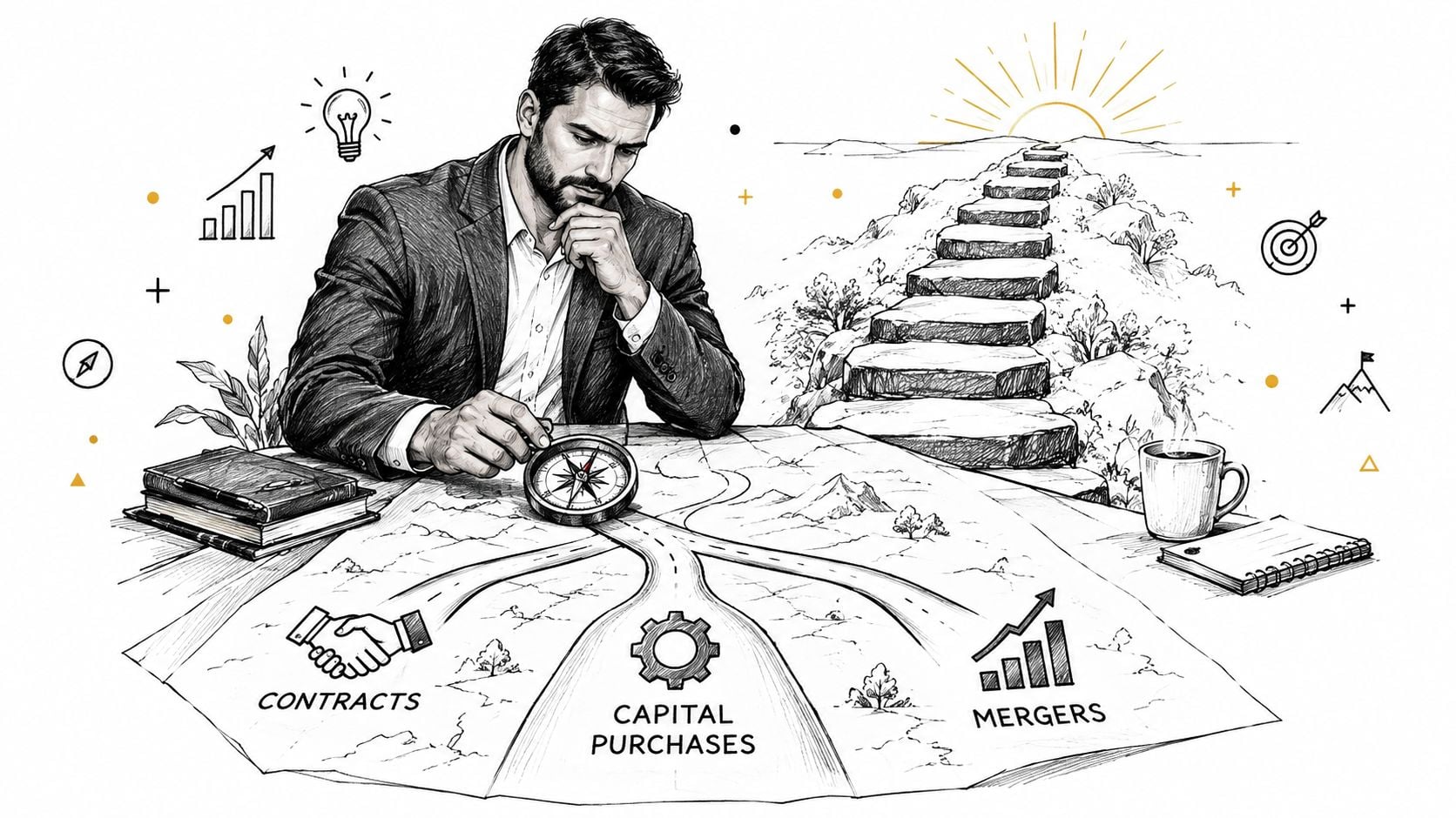 Why Cash Flow Forecast Is Important: Builder Guide 3 A businessman analyzing a map with strategic business options like contracts, capital purchases, and mergers.