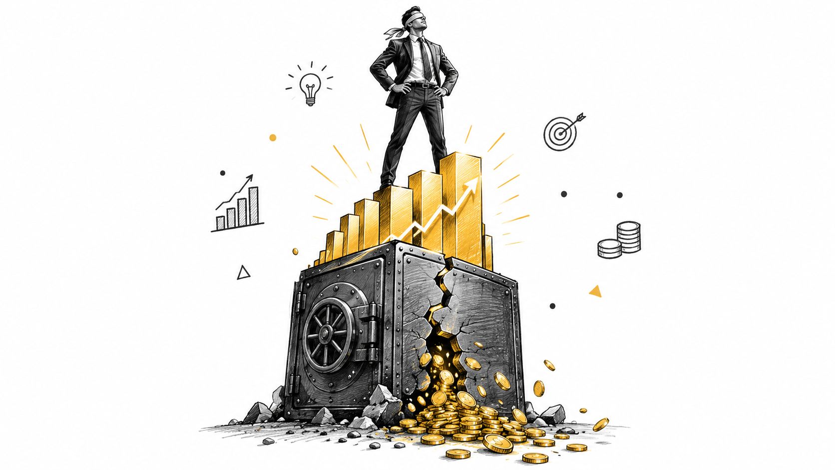 Why Cash Flow Forecast Is Important: Builder Guide 1 A blindfolded businessman stands atop a cracked safe filled with gold coins, symbolizing financial growth and strategy.