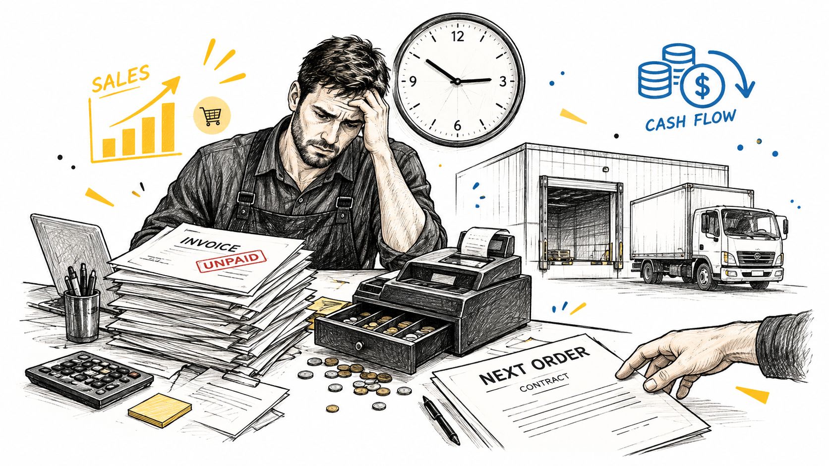 Why Is Working Capital Important for Business Growth? 1 A stressed businessman sits at a desk piled with unpaid invoices and paperwork, symbolizing working capital challenges.
