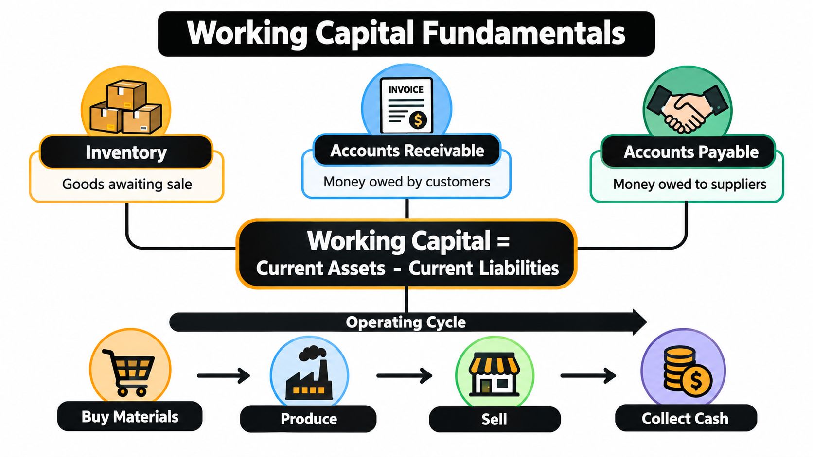 Why Is Working Capital Important for Business Growth? 2 A diagram illustrating working capital fundamentals, including inventory, accounts receivable, accounts payable, and the operating cycle steps.